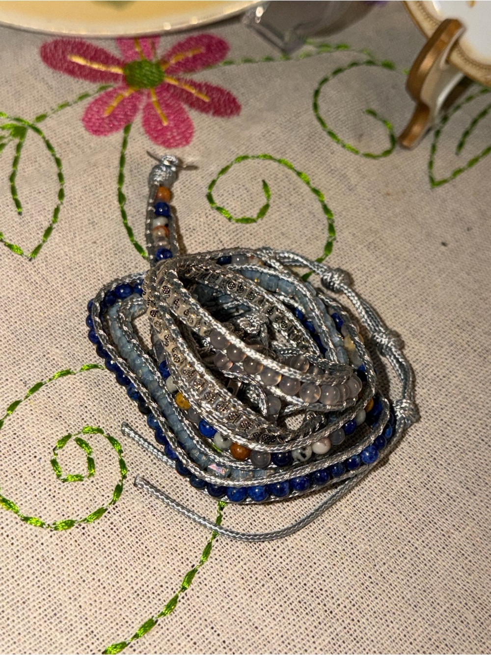 Silver and Multi Blue Multi-Strand Beaded Wrap Strap for iPhone